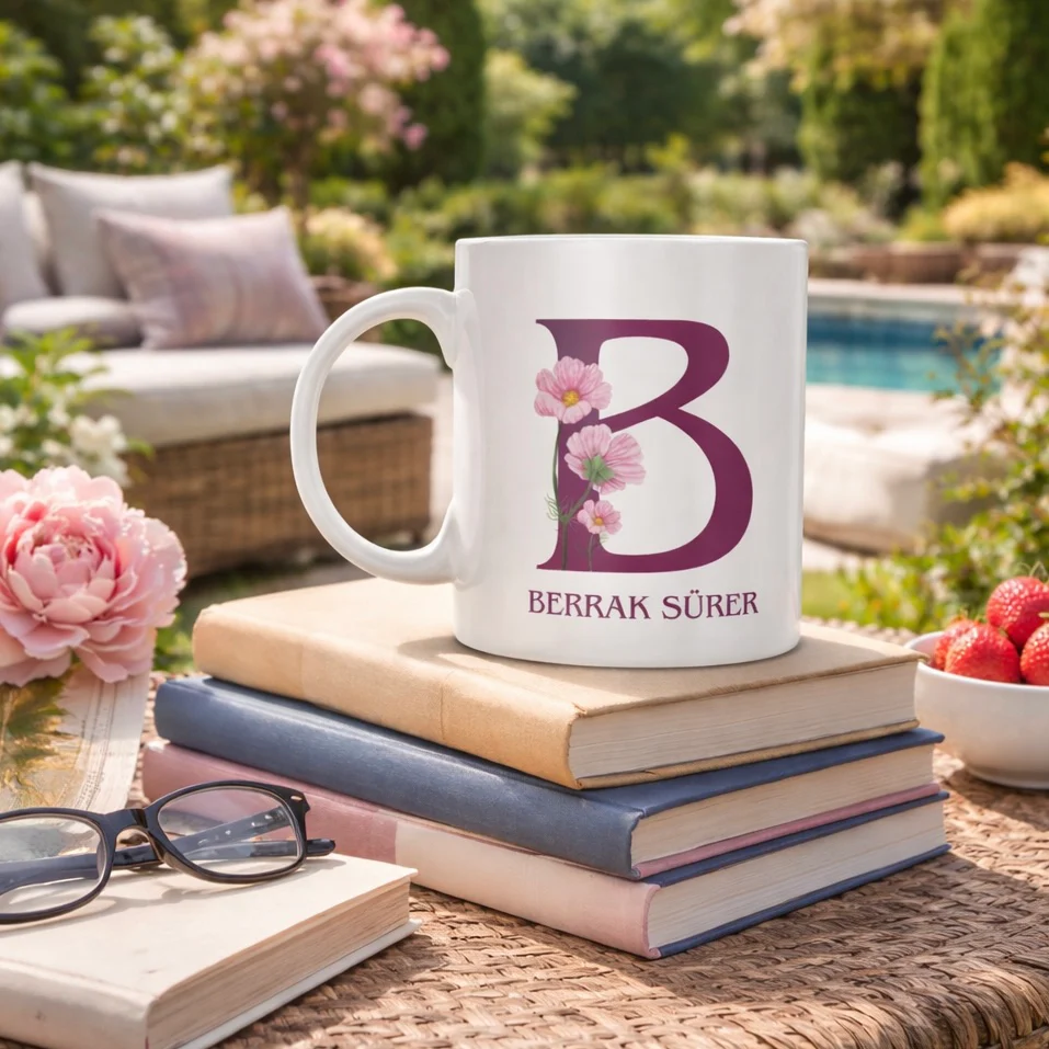 Personalisierter Kaffeebecher aus Keramik – Buchstaben & Namen Blumen Design